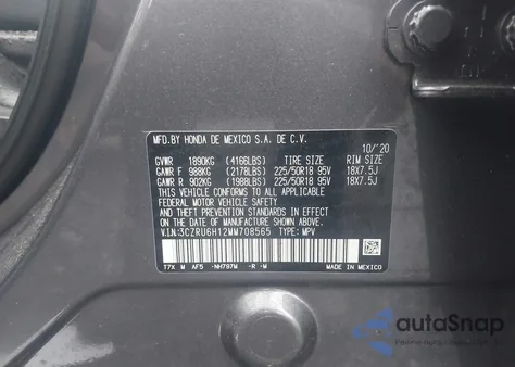 2021 Honda Hr-V Awd Sport z USA, uszkodzony, nr VIN 3CZRU6H12MM708565